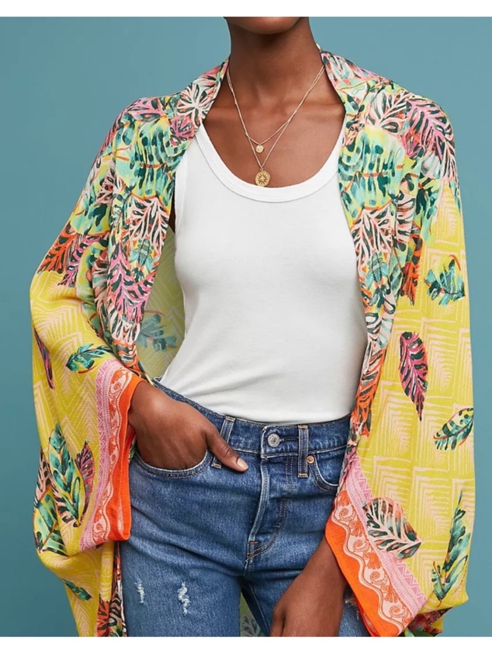 Sigal x Anthropologie Falling Leaves Cocoon Kimono Yellow Size All